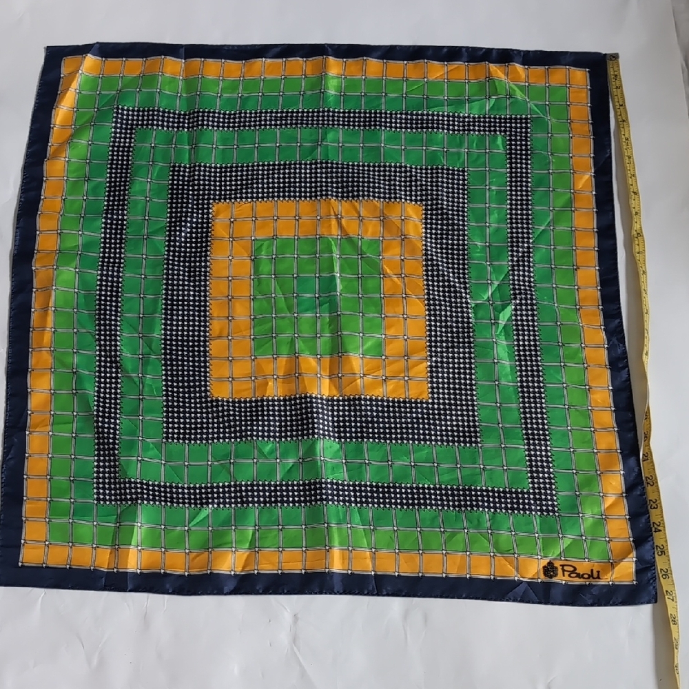 Square Graphic Silk Scarf in Green, Yellow & Navy - Picture 5 of 5